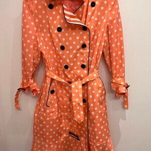 Bcbg coral polkat dot trench jacket 100% silk size 6